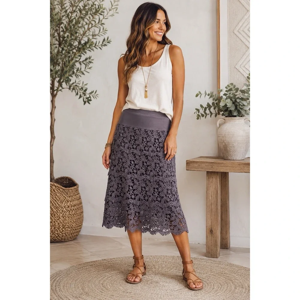 Solitaire By Ravi Khosla Gray Crochet Lace Midi Skirt